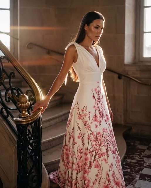 «Нежные цветы, изящные линии» — длинное платье с цветущей веткой